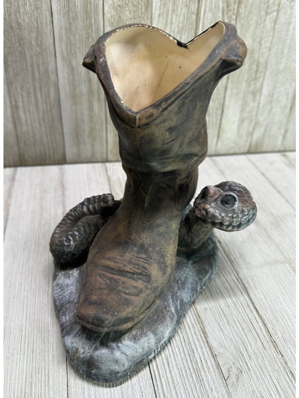Vtg Sittre Prod Inc Rattlesnake Around Cowboy Boot Vase Planter 7.5" Tall 1998
